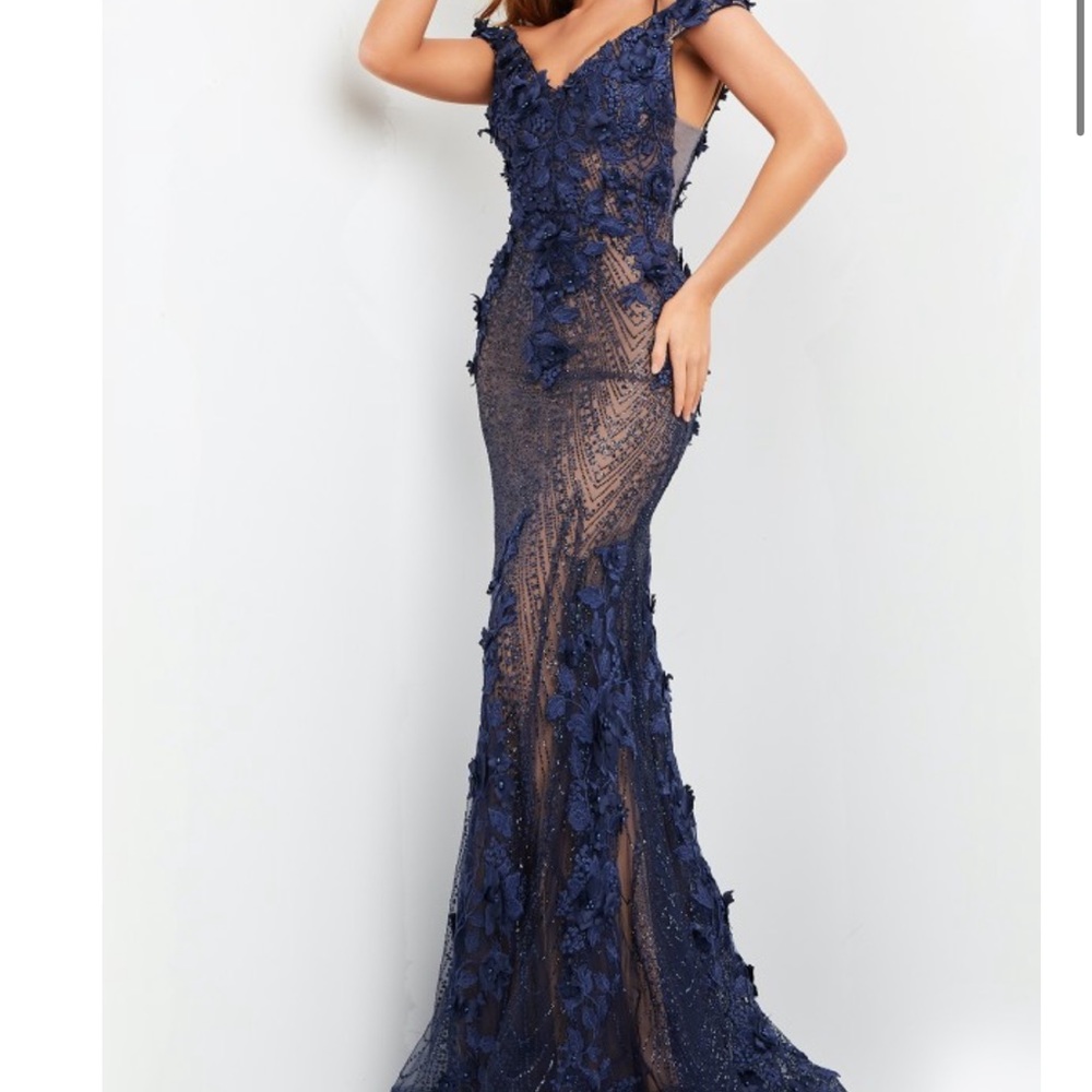 Jovani Navy Blue Lace Evening Gown